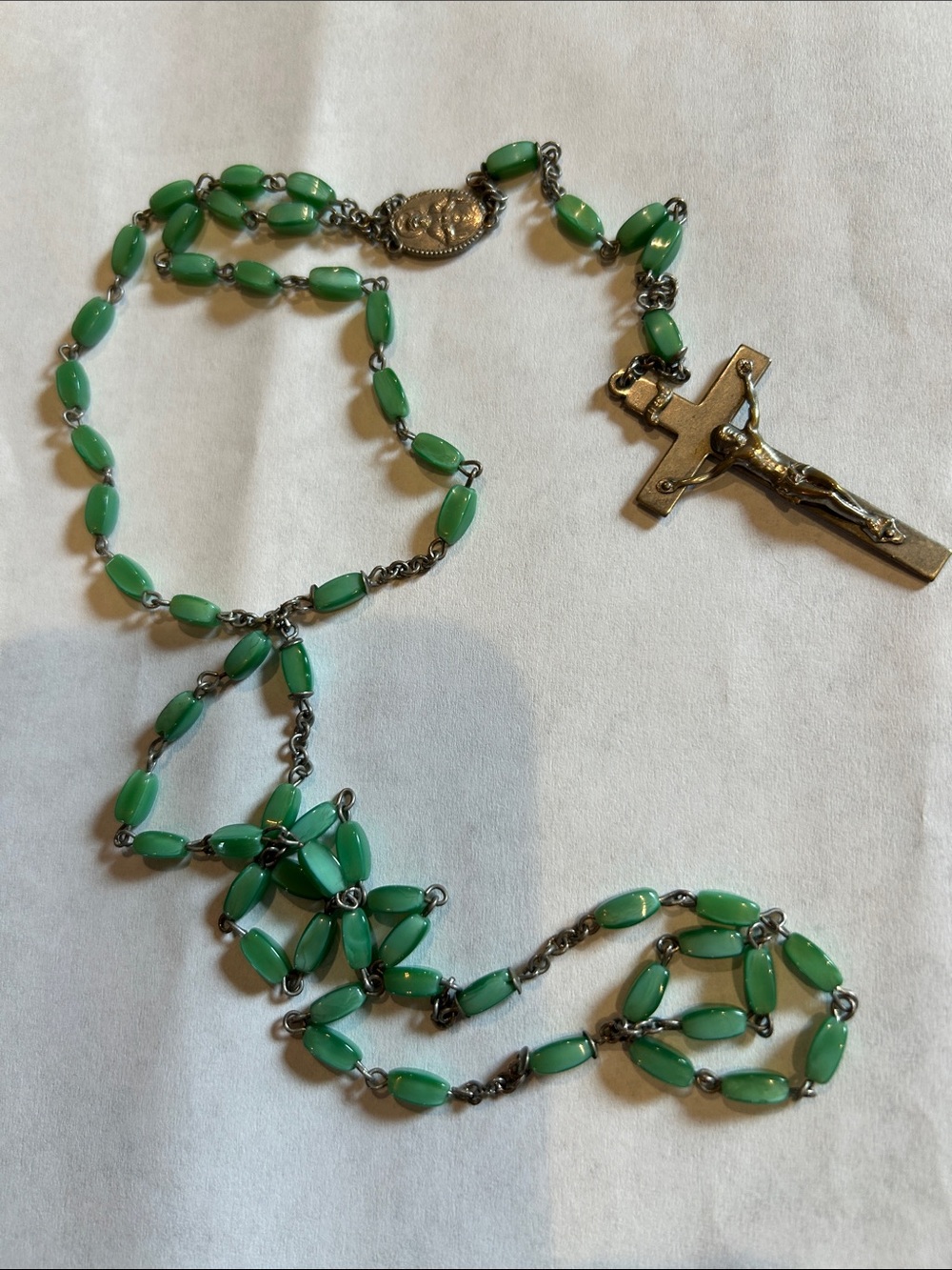 Vintage old Green Bead Rosary Necklace with Crucifix - sacred heart Jesus Mary